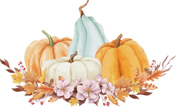 Autumn pumpkins and flowers arrangement