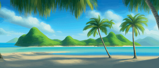 Naklejka na ściany i meble stunning tropical beach with crystal clear water, palm trees, and blue sky, with copy space. Summer landscape on the sea. Vector illustration