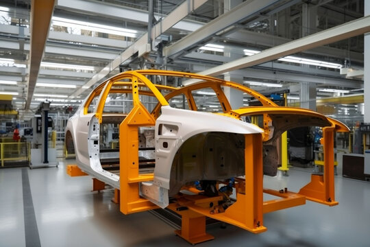 industry machine assembly technology transportation factory automotive industrial automobile car. Generative AI.