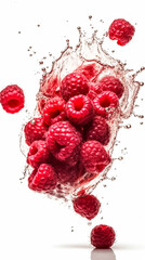 Macro shot of a bunch of ideal fresh raspberry falling down, juicy splashes, isolated on a white background, photorealism, food photography