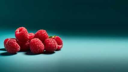 Wide short of a bunch of raspberries on a gradient background, commercial shoot, photorealism, mockup, copy space
