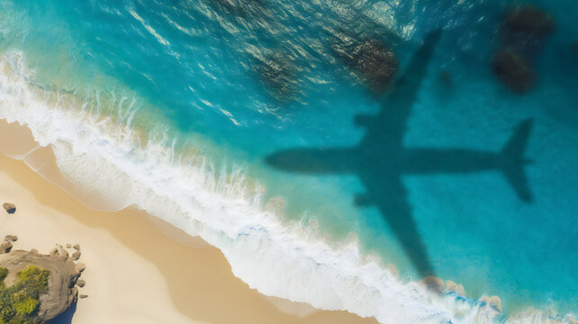 Travel concept with airplane shadow and tropical beach. Tropical paradise and beach holiday conceptual image.generative AI