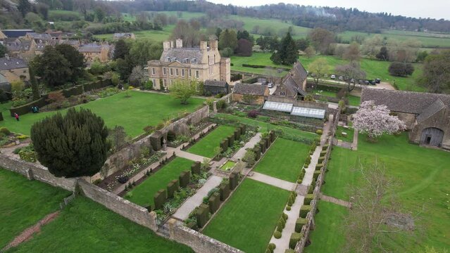 Bourton House Garden , Cotswold UK drone aerial view