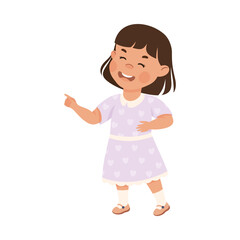 Happy little girl gesturing with both hands. Cute joyful schoolkid cartoon vector illustration