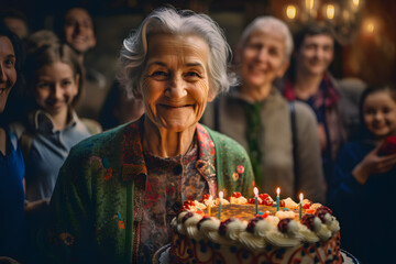 Elderly pensioner grandmother looks at a birthday cake, smiles, blows out a candle surrounded by her family. Generative AI.