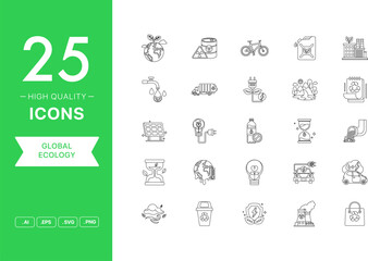 Vector set of Global Ecology icons. The collection comprises 25 vector icons for mobile applications and websites.