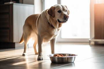 Golden Retriever Dog standing next to the food bowl at home kitchen