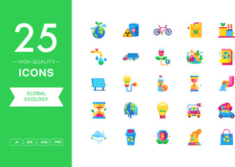 Vector set of Global Ecology icons. The collection comprises 25 vector icons for mobile applications and websites.
