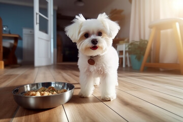 Cute Bichon Frise Dog standing next to the food bowl at home kitchen - obrazy, fototapety, plakaty