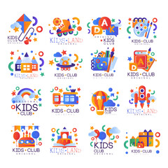 Kids Land and Club Logo Original Colorful Design with Bright Objects Vector Set