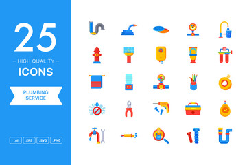 Vector set of Plumbing Service icons. The collection comprises 25 vector icons for mobile applications and websites.