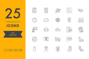 Vector set of Taxi Service icons. The collection comprises 25 vector icons for mobile applications and websites.