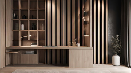 A small home office with the all wood finish interior and built-in furniture, providing an organized environment for work. Photorealistic illustration, Generative AI