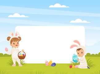 Obraz na płótnie Canvas Joyful Children in Bunny Costume Holding Easter Basket and Painted Fggs for Holiday Near Empty Rectangular Space Vector Illustration