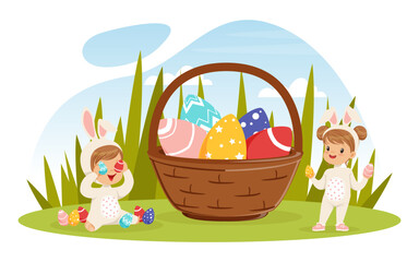 Little Girl and Boy in Easter Bunny Costume Sitting in Grass with Decorated Egg in Basket Vector Illustration