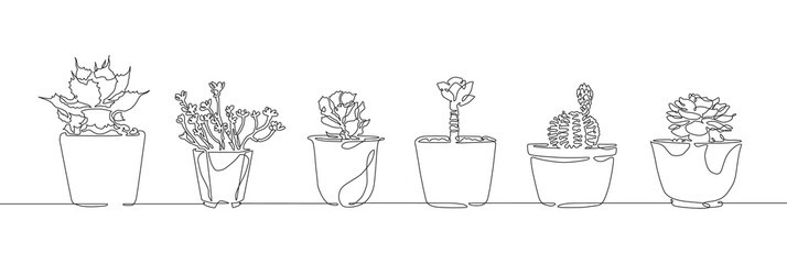 Continuous line drawing set of cactus in pot © Somkiat