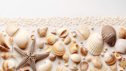 Fototapeta na wymiar Seashell and starfish collage on white background