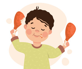 Cute little boy eating fried chicken drumsticks. Happy kid eating fast food cartoon vector illustration