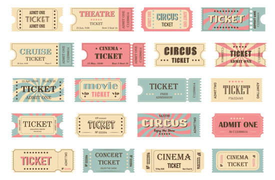 Retro tickets set. Vintage cinema, circus, concert, theatre,  movie, cruise and other events coupons.