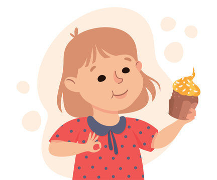 Cute little girl eating cupcake. Happy kid eating tasty dessert cartoon vector illustration