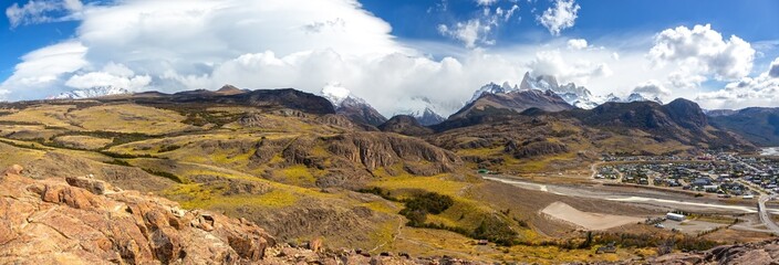 Fitzroy Mountain Range View, Hiking Condores Ridge above El Chalten, Argentina.  Scenic Panoramic Patagonia Argentina Landscape