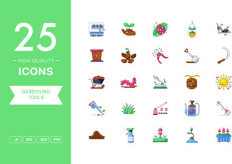Vector set of Gardening Tools icons. The collection comprises 25 vector icons for mobile applications and websites.