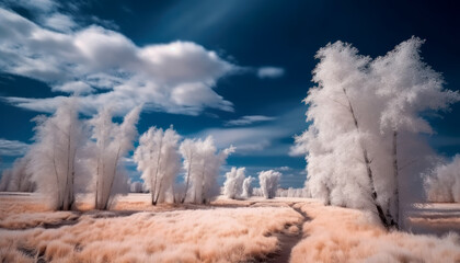 Landscape of trees and dirt trail leading into cloudy sky. Infrared nature photography.
