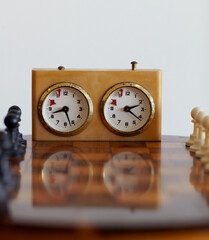 Chess sport, timer and clock for challenge isolated on a white background mockup in studio. Game,...