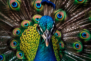 Close-up portrait of a peacock displaying beautiful plumage. AI generated