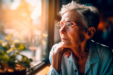 Serious older woman looks out window spend time alone at home, feels sad or disappointed, waits or misses someone. AI generated