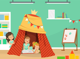 Cute Girl Playing and Reading Book Sitting in Tent Having Fun Vector Illustration