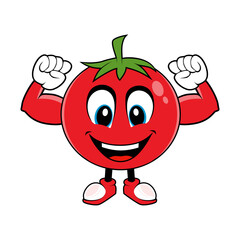 Smiling Tomato Fruit Cartoon Mascot mascot with Muscle Arms. Vector illustration of red tomato character with various cute expression