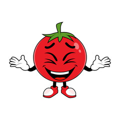 Tomato Fruit Cartoon Mascot laughing happily. Vector illustration of red tomato character with various cute expression