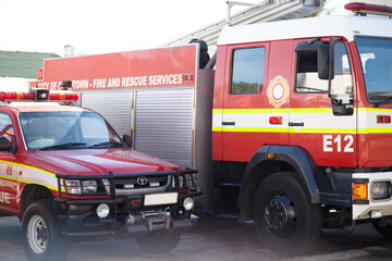 Fire engine, truck and rescue services at station ready for firefighting, emergency and...