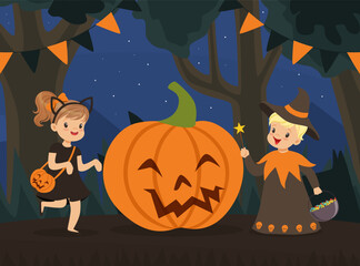 Funny Boy and Girl Dressed in Halloween Magician and Cat Costume Near Huge Pumpkin Vector Illustration