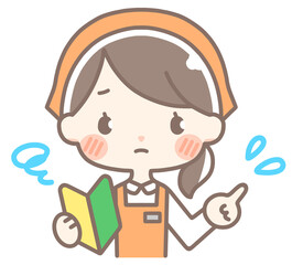 初心者マークを持つ困り顔な店員
