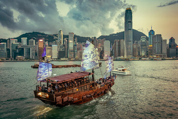 Hong Kong, China - Tourist boat crossing the harbour from Kowloon to Hong Kong island