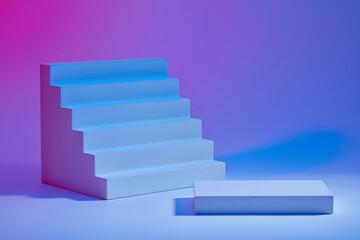 Scene for advertising and branding product with copy space - an empty podium and small stairway decorated on gradient background. Minimal concept