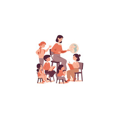 teacher teaching students, world teachers day illustration. modern flat color logo