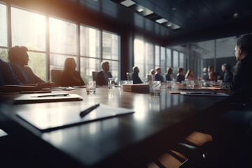 Business concept. Business meeting in boardroom. Blurred people on background. Team meeting in office near table. Generative AI