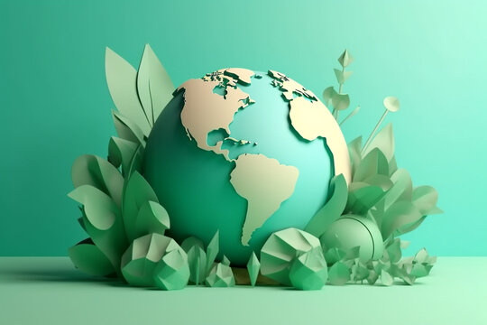 World environment, ecology and earth day concept with globe and eco friendly environment. Paper art illustrative art. Generative AI