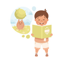 Little Boy Imagining Fairy Tree in Bubble Reading Book Having Fantasy Vector Illustration