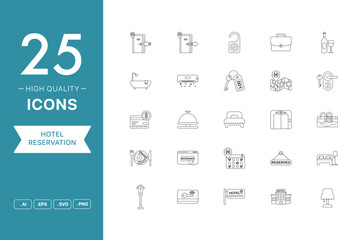 Vector set of Hotel Reservation icons. The collection comprises 25 vector icons for mobile applications and websites.