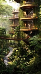 Seamless Integration: A Modern, Eco-Friendly Treehouse Village in Lush Rainforest - Architectural Render 2. Generative AI