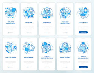 Tuition assistance blue onboarding mobile app screen set. Walkthrough 5 steps editable graphic instructions with linear concepts. UI, UX, GUI template. Myriad Pro-Bold, Regular fonts used