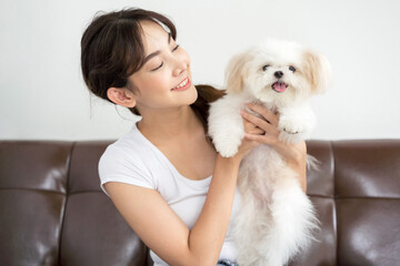 Young Asian smiling woman with her dog chihuahua at home.