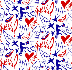Obraz premium Abstract Hand Drawing Melting Faces Hearts Stars Horses Lips Flowers Love Art and Guess Writing Seamless Graffiti Vector Pattern Isolated Background