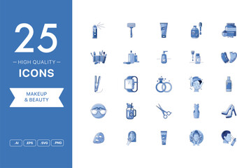 Vector set of Makeup and Beauty icons. The collection comprises 25 vector icons for mobile applications and websites.