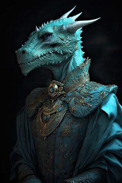 Dragon wearing turquoise green costume. Generative AI image. 