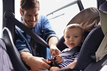 Safety, car seat and belt with father with baby for transportation, security and drive. Travel, protection and caution with man fasten strap on toddler in vehicle for responsibility and road trip